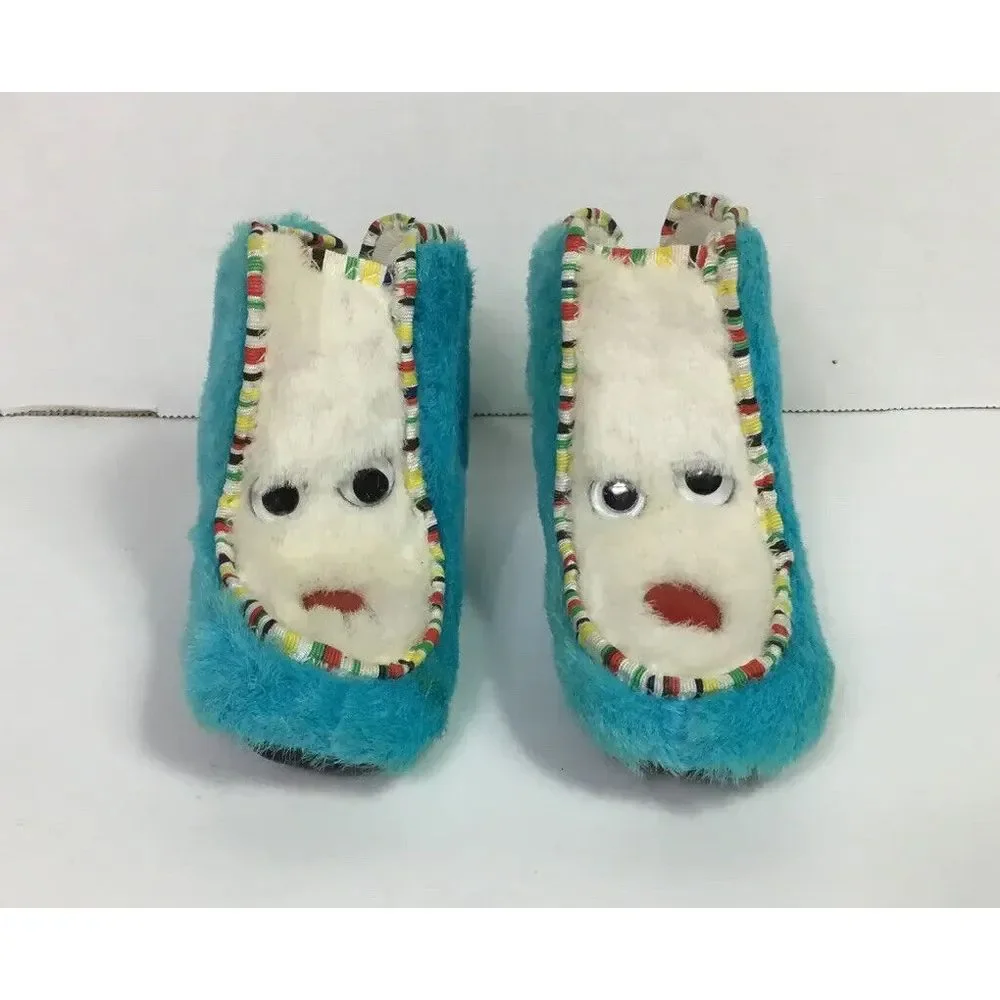 1960s Vintage Baby Booties Moccasin Size‎ 3 Fur animal Turquoise white Made USA